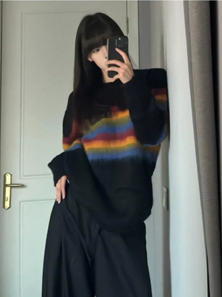 

Pullovers Women Panelled Design Niche Fashion Autumn Winter Girls Tops O-neck Knitted Ins Baggy Cool Black Streetwear New Fit