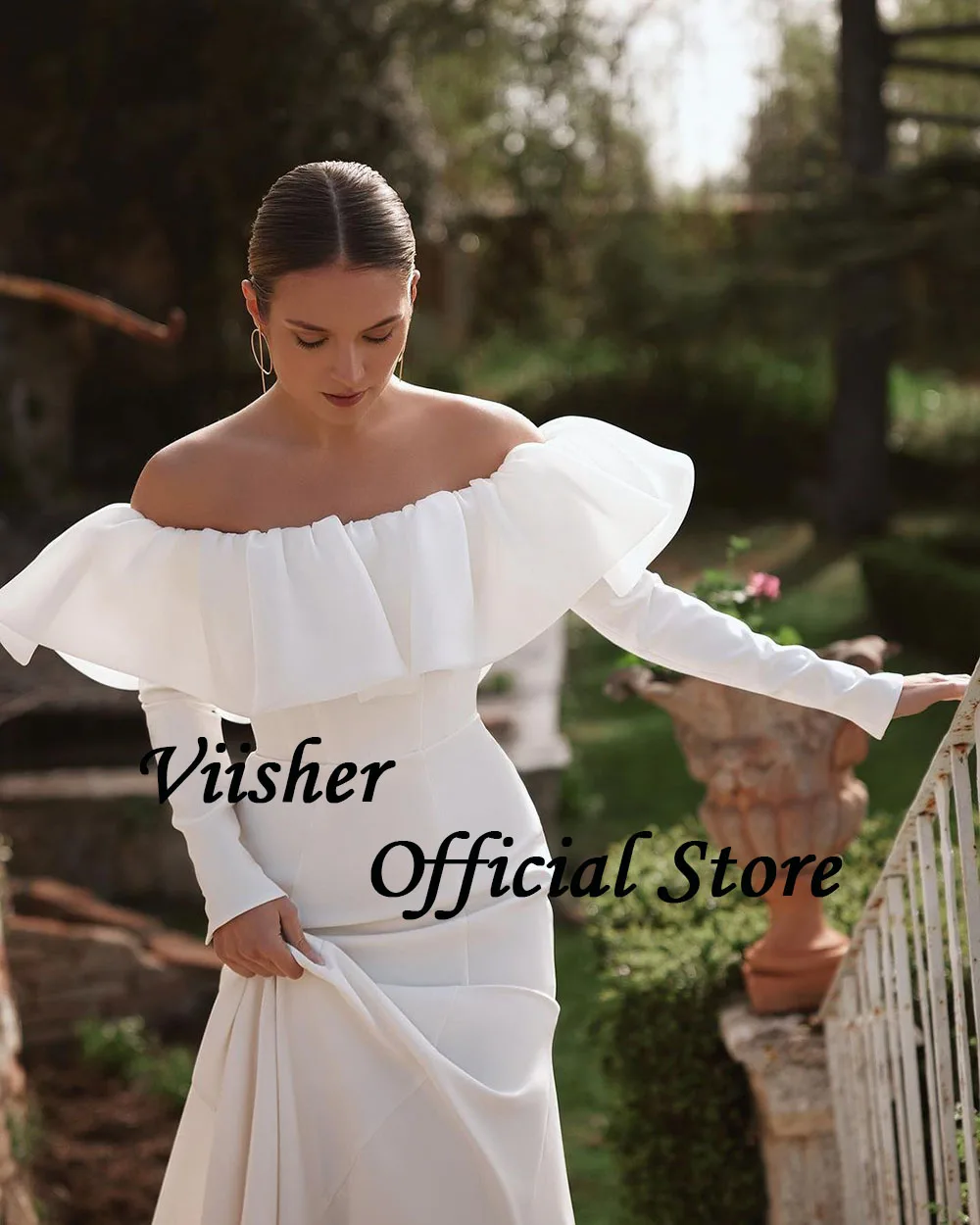 Viisher-Robe de Mariée Sirène en Satin Blanc à Plis, Manches 3/4, Élégante, Simple, Civile