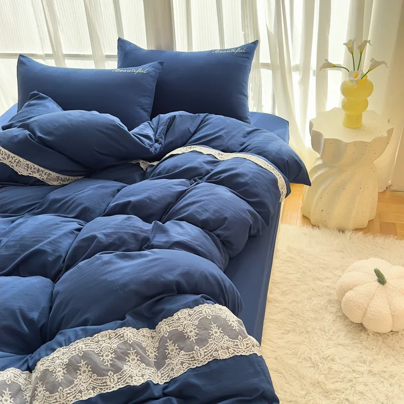 2025 غطاء لحاف جديد مع ملاءة سرير فئة أ غطاء لحاف قابل للغسل غزل مزدوج كريب القطن الدانتيل الدانتيل 3-4 قطعة طقم سرير #3