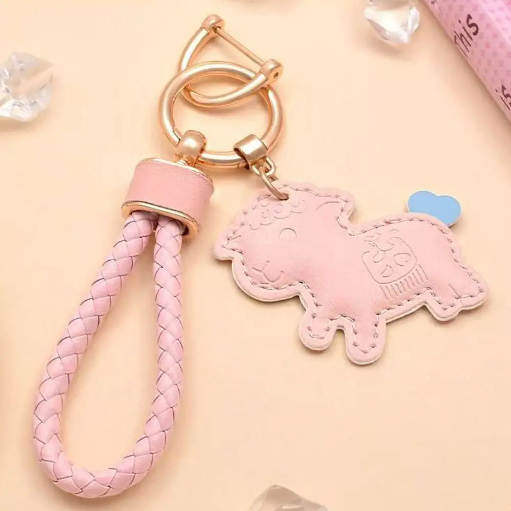 Rich and Lucky Cartoon Pu Sheep Keychain Braided Rope Leather Lamb Bag Charm Wrist Strap Anti-Loss Strap Car Key Ring Home Decor