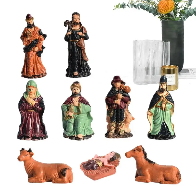 Christmas Nativity Figurine Set 9 PCS Hand-Painted Resin Nativity Scene Sets Holy Family Manger Scene Crafts Statue Decor