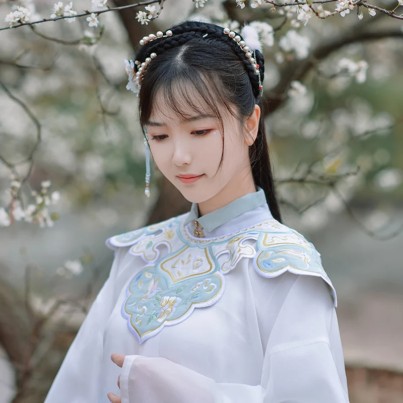 

Женская шелковая рубашка Ханьфу с широкими рукавами, аксессуар для шали Rouqun Cloud Initial, вышитая птицами шаль, развевающаяся лента-шарф