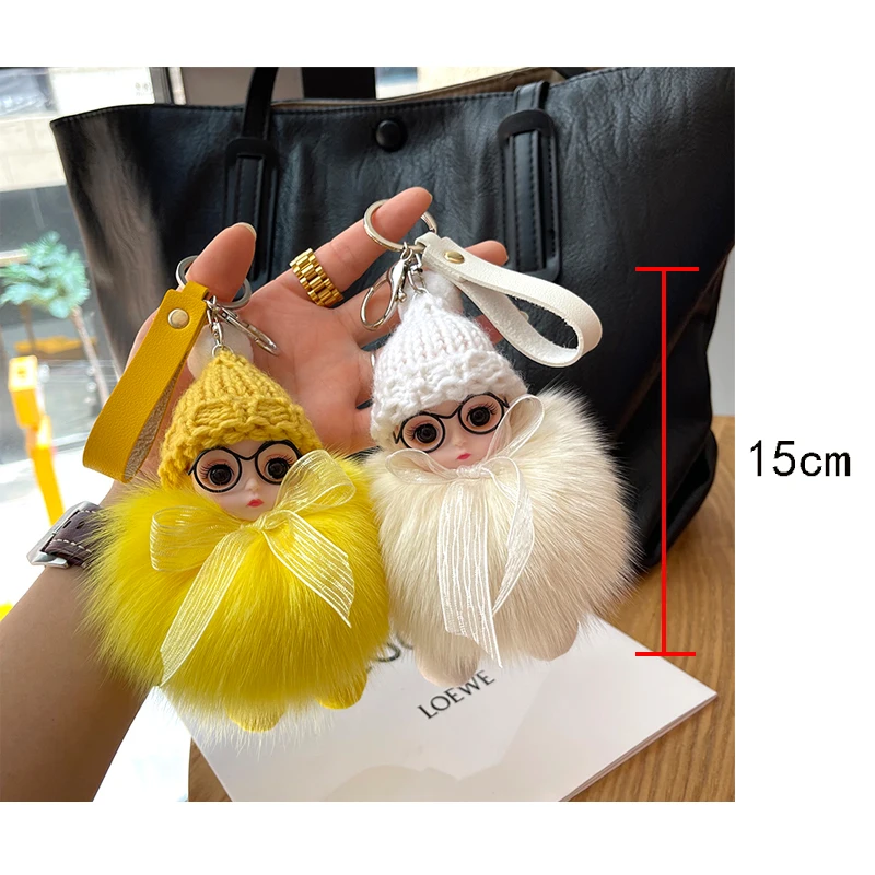 Cute Big Eyed Doll Pompom Keychain Real Fox Fur Bag Charm for Women Bag Key Ring Fine Jewelry Accessories Kids Girl Gift