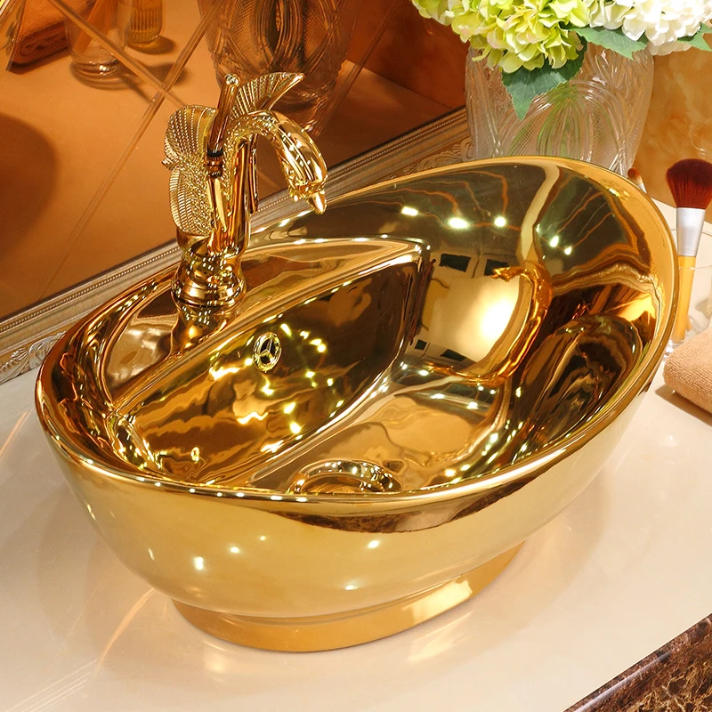 Yuanbao Gold Ceramic Art Basin European Style Bathroom Washbasin Modern Retro Sink