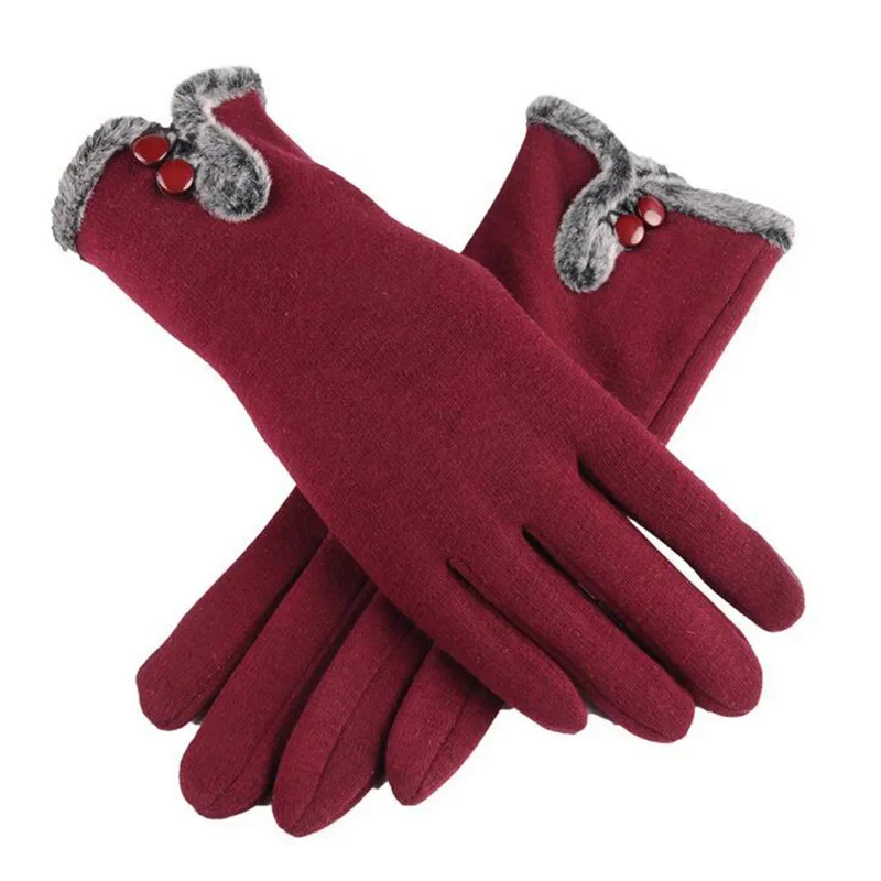 New Female Autumn Winter Non-Inverted Velvet Cashmere Full Finger Warm Lace Gloves Women Cotton Touch Screen Gloves