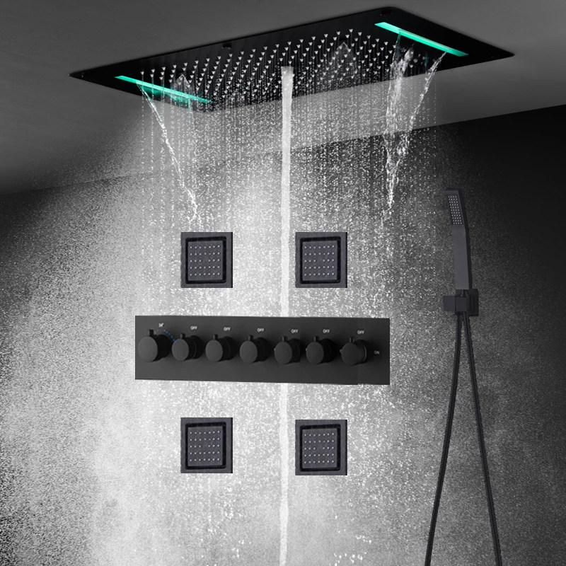 

6 Functions Black Shower Set Ceiling Rainfall Column Massage Waterfall Body jets LED Thermostatic Shower