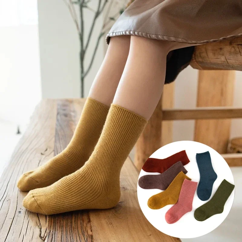 Korean Baby Children Girls Boys Striped Socks Kids School Uniform Stockings Vintage Solid Color Wool Long Socks Mid-calf Socks