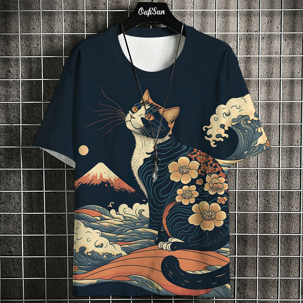 Cartoon Anime Katze Gedruckt T Shirt für Männer Japanische Tees Wolf T-Shirt Outdoor Hip Hop Tops Kleidung Beiläufige Lose Kurzarm T-shirts