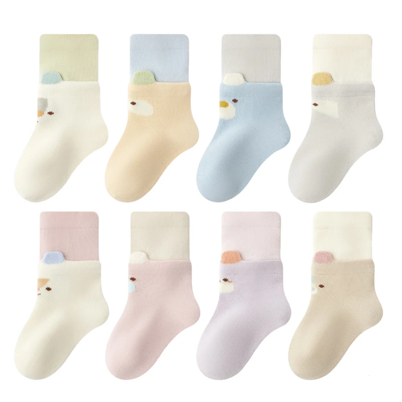 4 Pairs Cute Cartoon Newborn Socks Fold Double Cuff Soft Baby Socks Mid Calf Elastic Infant Child Socks for Boys Girls