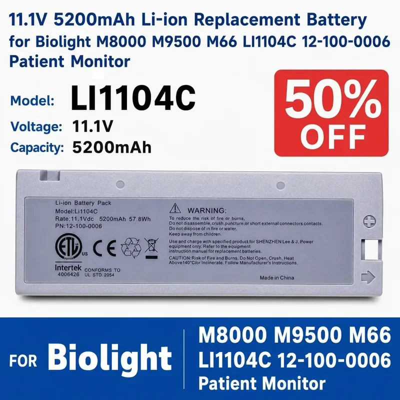 

11.1V 5200mAh Li-ion Replacement Battery for Biolight M8000 M9500 M66 LI1104C 12-100-0006 Patient Monitor