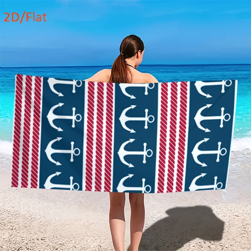 Nautical Anchor Stripe Beach Towel, Soft Microfiber Quick Dry Oversized Bath Towel, Coastal Summer Pool Blanket 1pcs