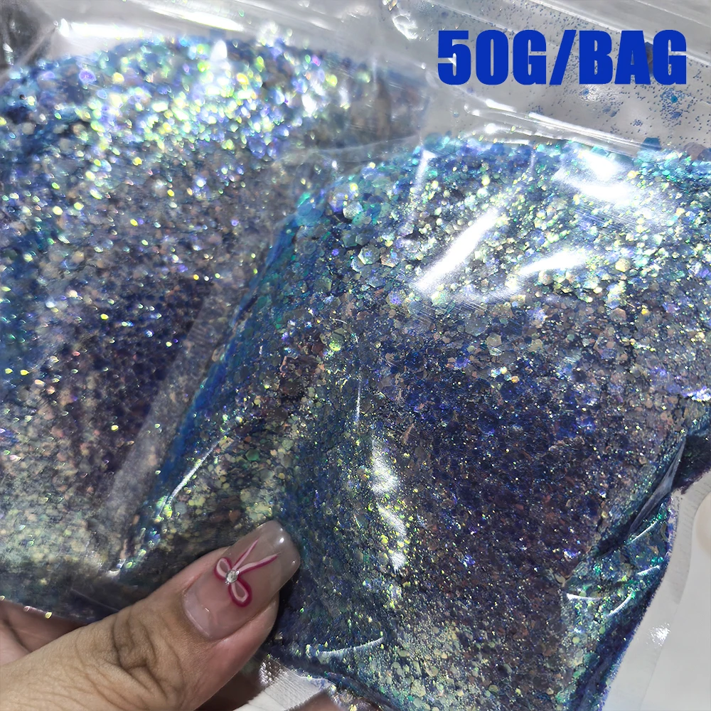 50g Iridescent Blue Hexagon Holographic Chunky Mixed Glitter Nail Tips Glitter Powder Mermaid Flakes Sparkly Glitter Decorations