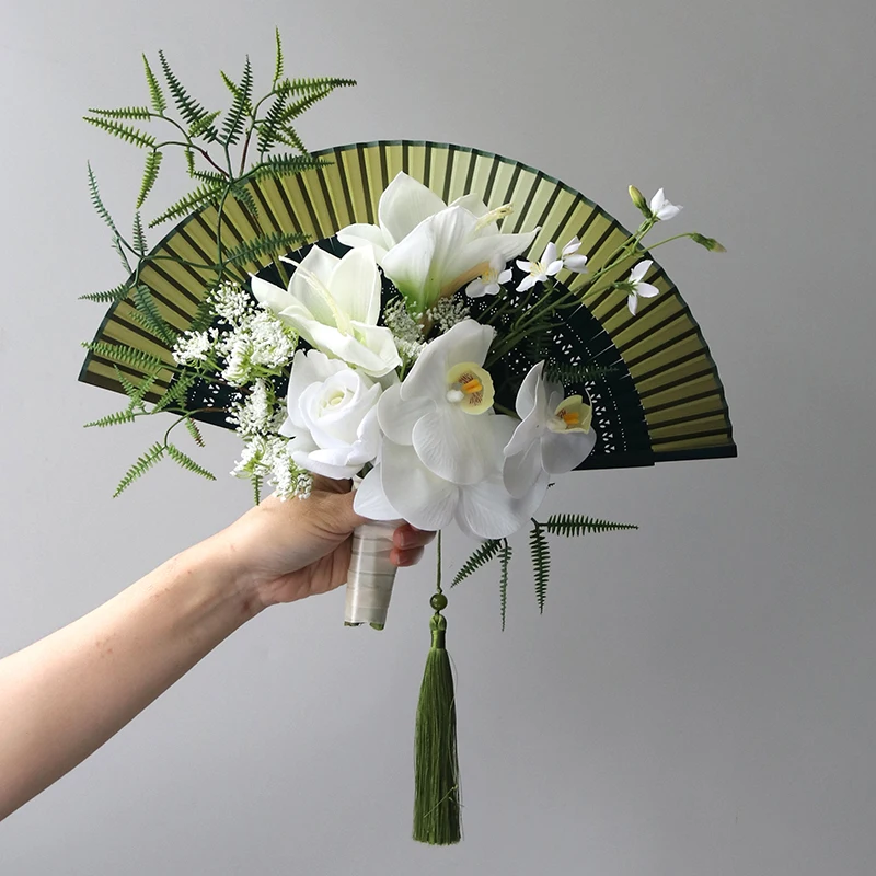 Encounter New Chinese Romance Bouquet Folding Fan Group Fan Bride Cheongsam Wedding Photography Simulation Bouquet Green
