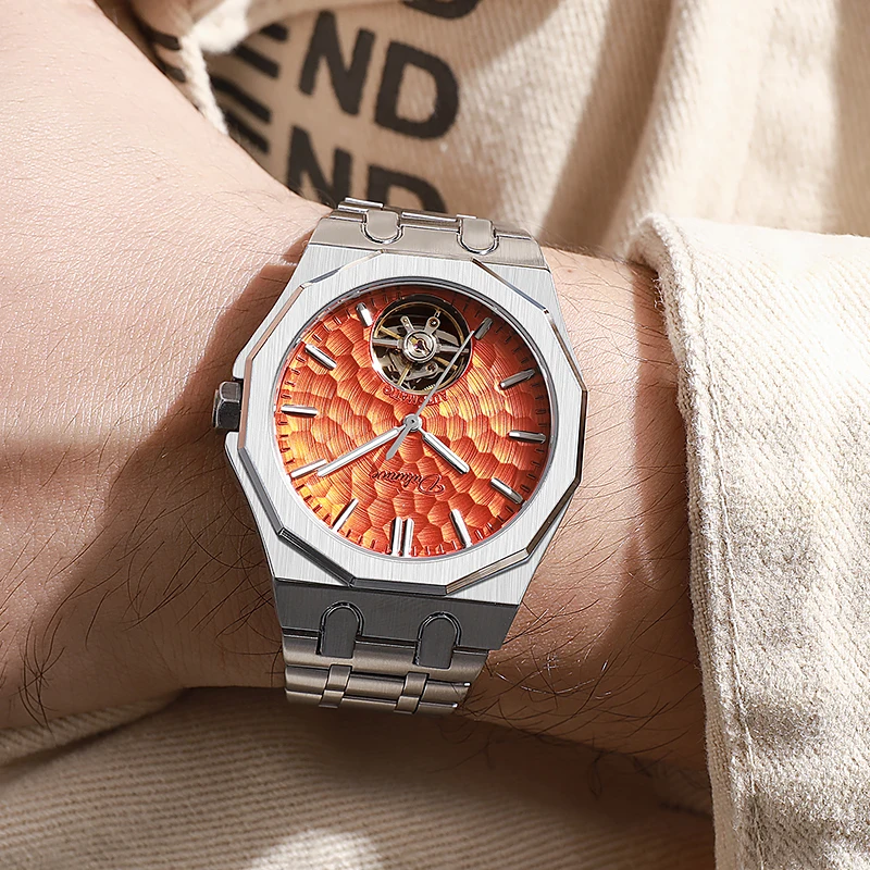 Dulunwe Business Gentleman Octagon Skeleton Automatic Watch Unique Orange Textured Dial Men Wrist Watch