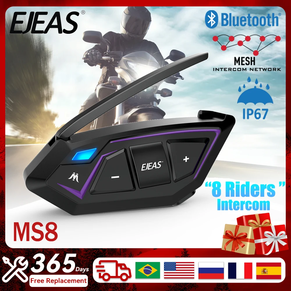 

EJEAS MS8 8 Riders Motorcycle Intercom Helmet Headset 7000M Bluetooth Mesh Interphone Communication FM GPS Waterproof Handsfree