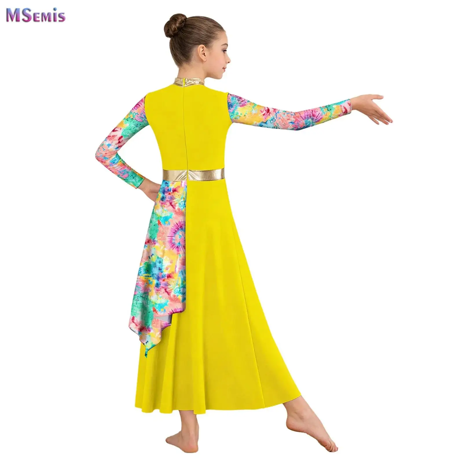 

Girls Stylish Print Long Sleeve Praise Dance Dress for Girl Worship Liturgical Praise Costumes Asymmetrical Performance Clothes