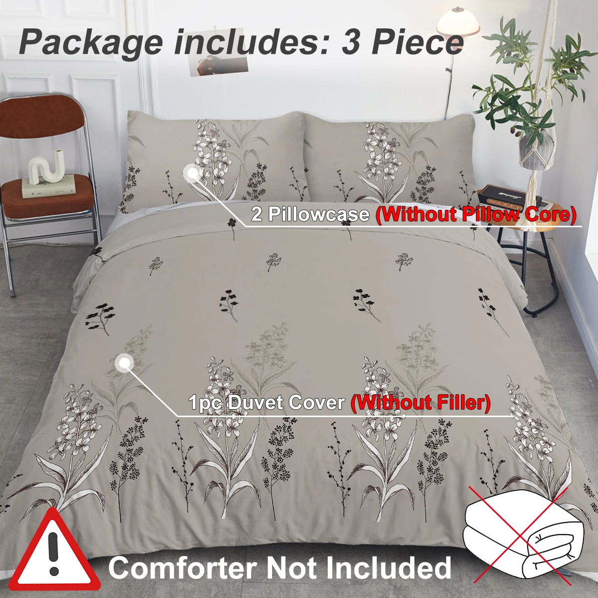 3PCS Sketch Floral Print Bedding Set Soft Microfiber Duvet Cover Grey Wildflower Bed Linens Reversible Design For Bedroom Decor