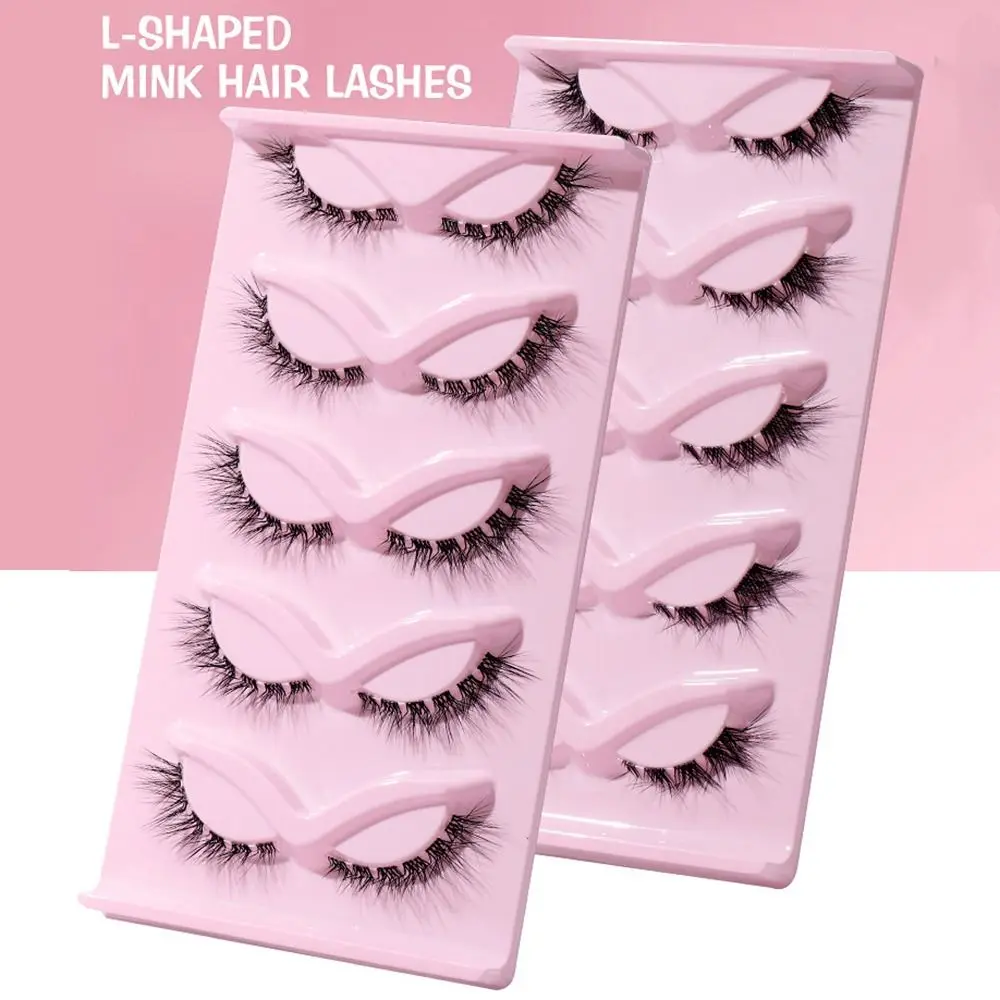 

5 Pair 3D L Curl False Eyelashes Eye Tail Lengthening Oblique Cat Eye Fake Lashes Long Winged Clear Stem Faux Mink Lashes