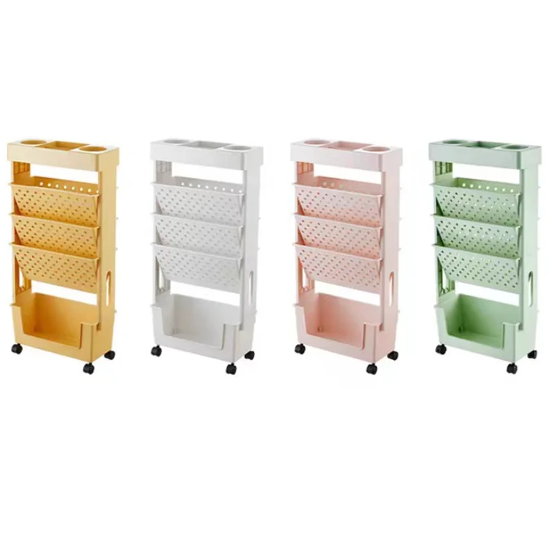 Removable Book Storage Box 5 Layer Classroom Vertical Bookshelf with Wheel Box Students' Bookcase Stationery Holder Desk Rack