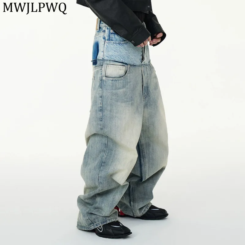 

MWJLPWQ мужские потертые джинсы High Street RO, искусственные двухсекционные свободные широкие брюки в американском стиле в стиле хип-хоп, новинка осени 20986