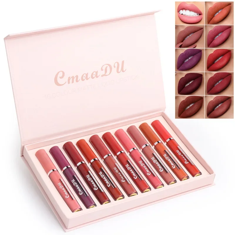 CmaaDu New Dazzle 10Pcs/Set Box Nude Matte Lipstick Lip Gloss Makeup Silky-Smooth Long Lasting Matte Lip stick Lipgloss Cosmetic