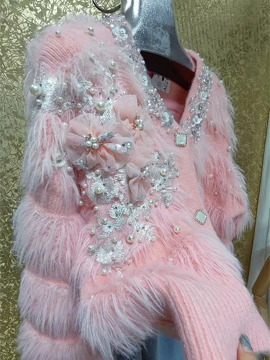 Heavy Industry Pearl Beaded Sequin Flower Stitch Pink Sweater Women Tops Autumn Winter Knitted Cardigan Coat Woman Clothing