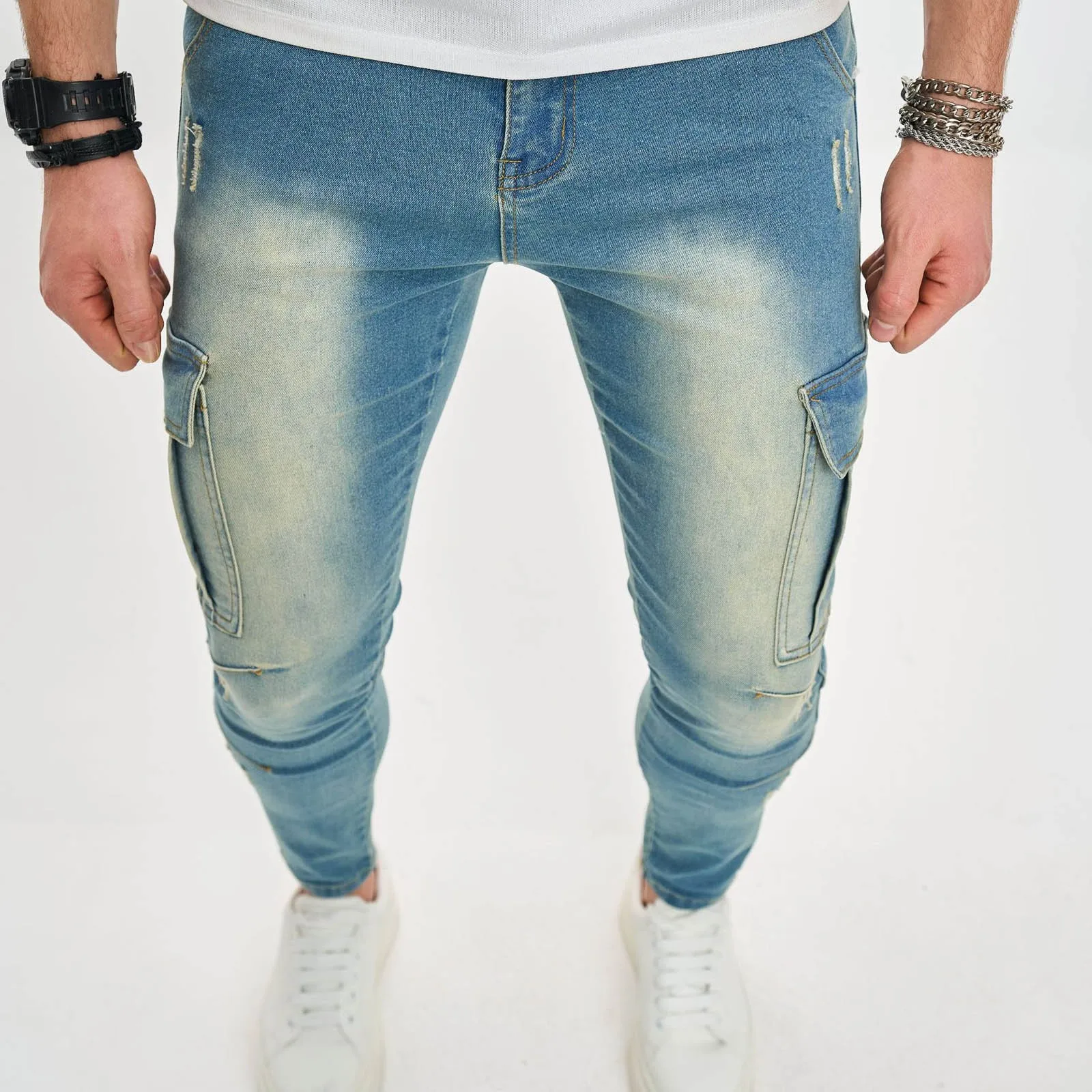 Washed Worn Out Workwear Jeans For Men's Versatile Slimming And Slim Fitting Elastic Motorcycle Leggings Bedroom