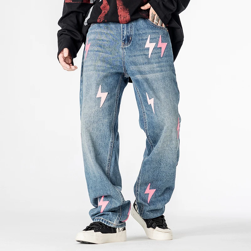 Men's American High Street Fashion Hip Hop Loose Casual Plus Size Denim Baggy Jeans Pants Cityboy Streetwear Jeans Trousers
