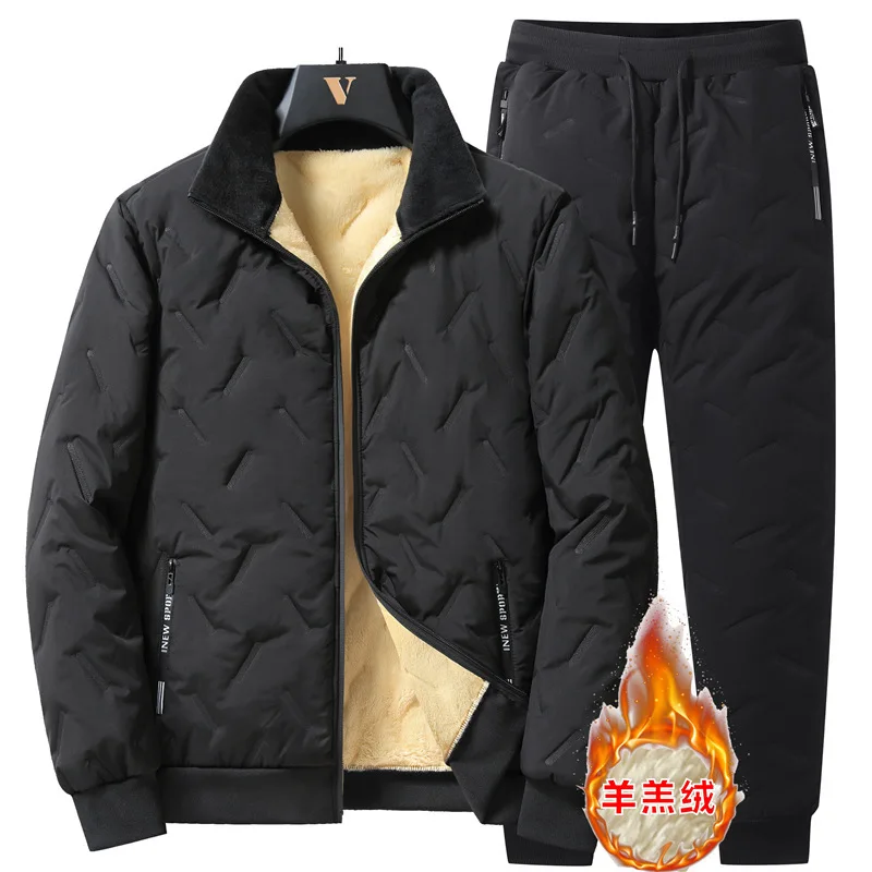 

Мужская утепленная теплая хлопковая куртка и брюки, бархатный зимний повседневный костюм из ягненка с капюшоном, удобный дышащий костюм из двух предметов