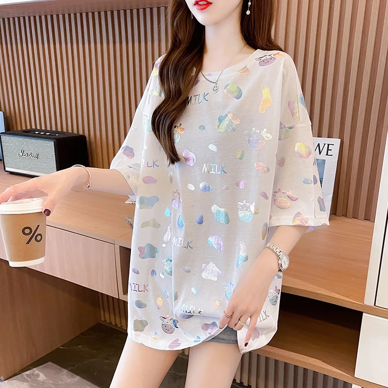 

New Korean Version 2024 Summer Hot Stamping Colorful Short Sleeved T-Shirt For Casual Round Neck Top, Medium Length Oversized