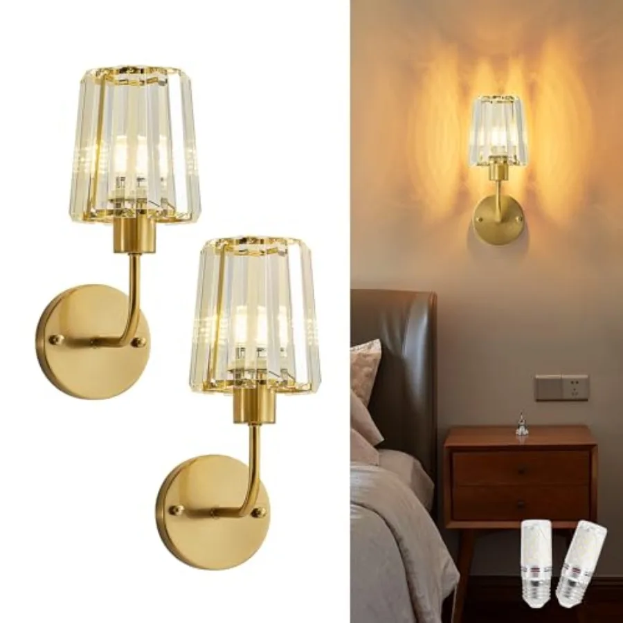 

Hardwired Crystal Wall Sconces Set of Two - Dimmable Wall Light Fixtures 3000K Warm White for Hallway Bathroom Living Room Bedr