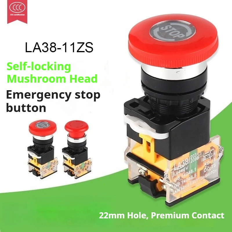 Mushroom head emergency stop  emergency stop button self-locking switch la38-11zs opening 22mm one open and one closed