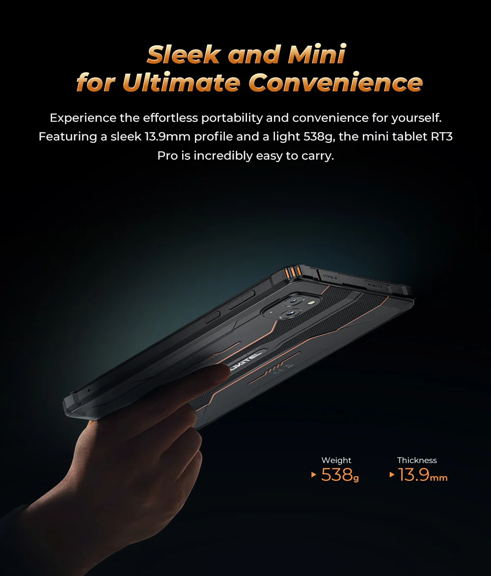 Oukitel RT3 PRO 5150mAh Battery 8"HD Display Tablet 13.9mm Ultra-Slim Profile IP68 &IP69K & MIL-STD-810H, 16(4+12)GB +128GB