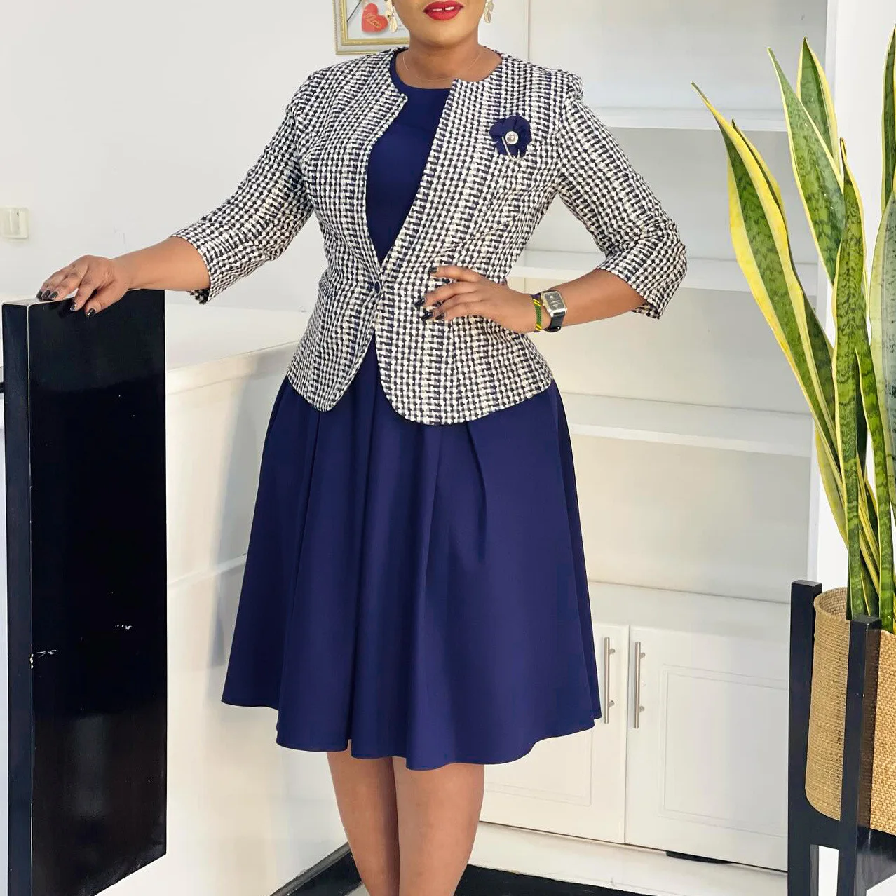 

2026 New Fashion Printed Button Ruffle Dress + Jacket Two-piece Sets Women Spring Sexy Elegant Plaid Dress Top For Women