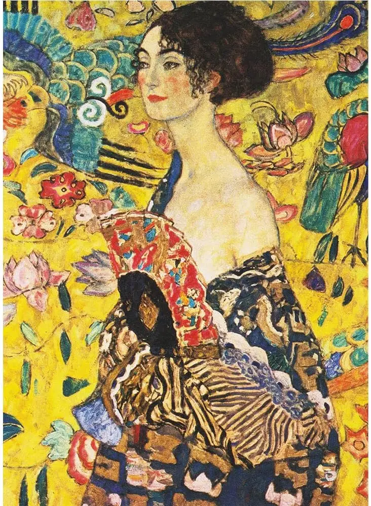 MaxRenard Game 1000 Pieces Jigsaw Puzzles World Famous Painting Puzzle Art Collection Toy Klimt Lady with Fan with Glue Sheets