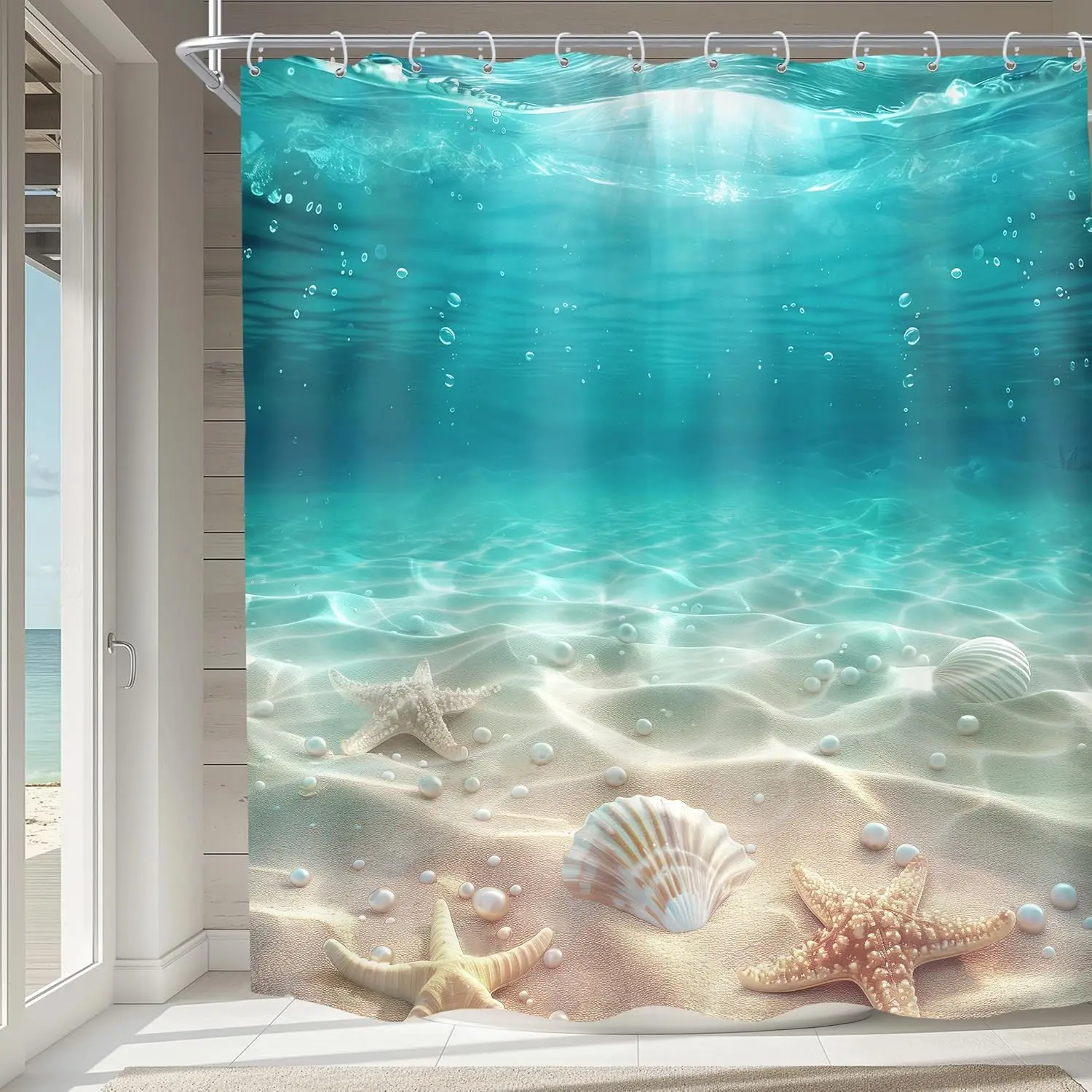 

Занавеска для душа «Голубой океан» с прибрежным закатом, приморским пейзажем, ракушками морской звезды в деревенском стиле и дизайном жемчуга, набор для ванной комнаты