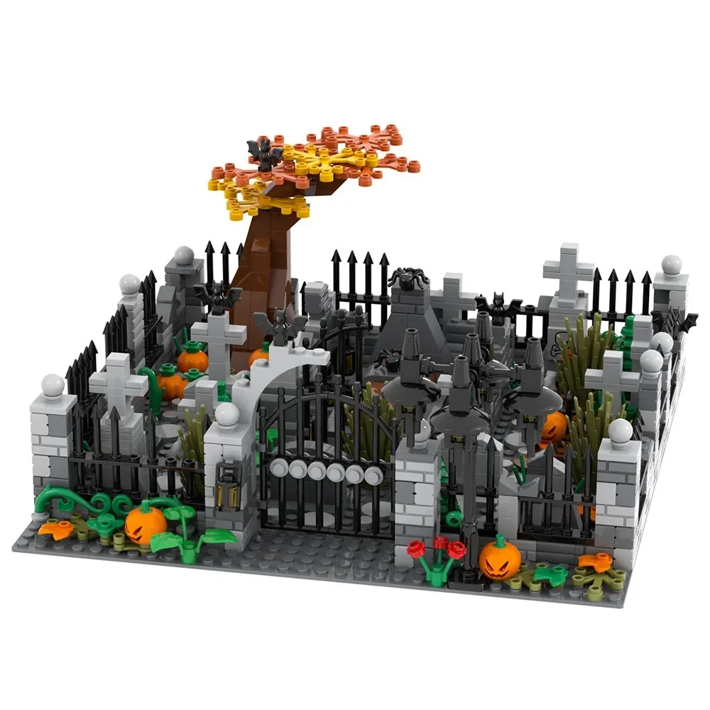 MOC Halloween Graveyard Scene Building Blocks Haunted Manor Death Statue Fence Tree Spider Bat Pumpkin Brick Toy Gift