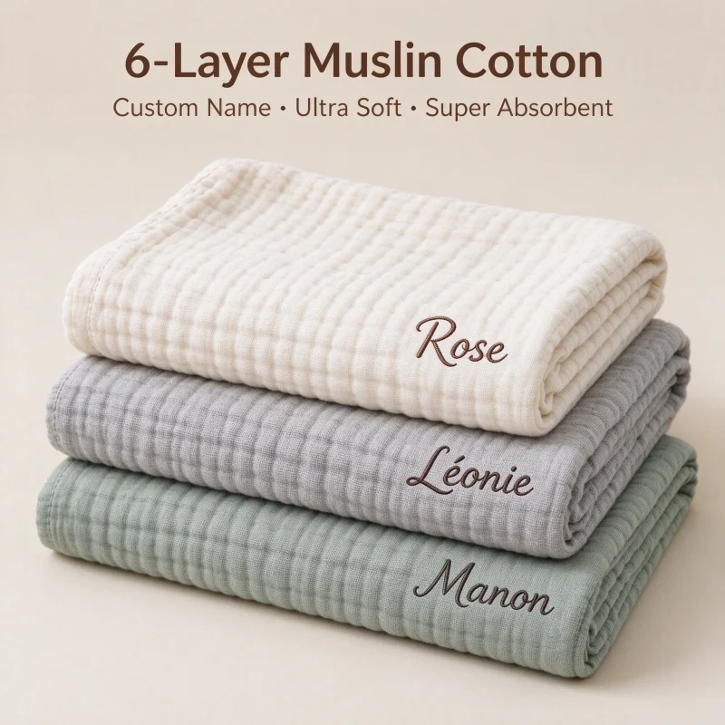 Personalized Baby Bath Towel Custom Name Embroidered 6-Layer Muslin Cotton Gauze Super Absorbent Newborn 0-3Y Baby Shower Gift