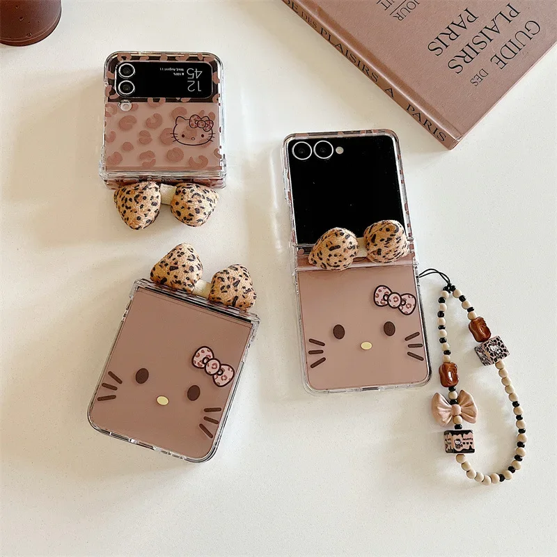 Funda de teléfono plegable con lazo 3D y estampado de leopardo de Hello Kitty para Samsung Galaxy Z Flip 7 6 5 4 3 FE con cubierta a prueba de golpes con cadena