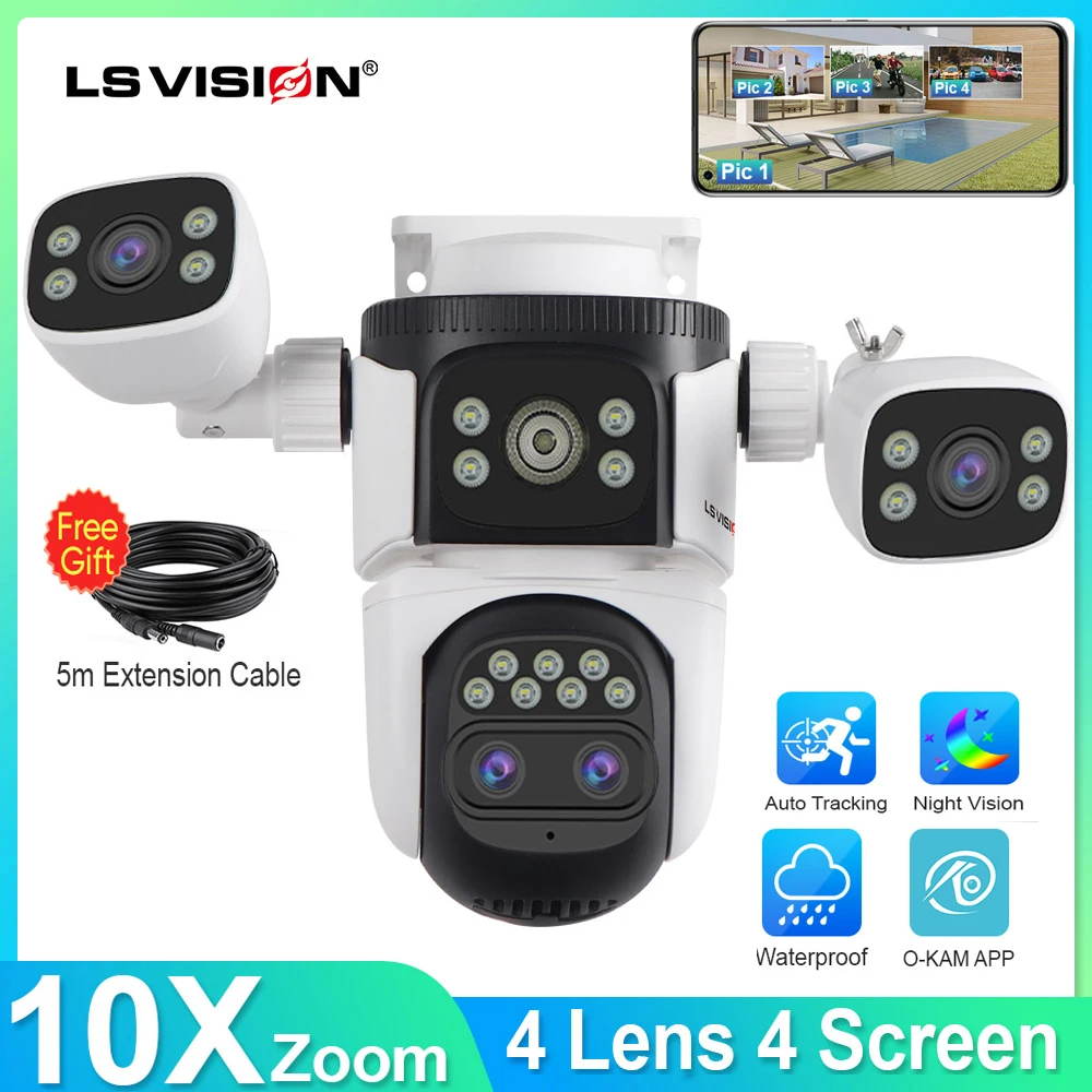 LS VISION 20MP 야외 WiFi 카메라 10X 줌 4 화면 홈 감시 IP 캠 PTZ 자동 추적 IP66 보안 카메라 CCTV 