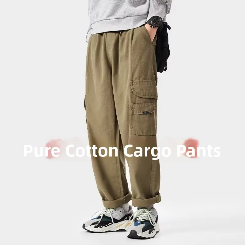 

Spring Autumn Pure Cotton Work Trousers Large ket Casual Loose Straight Legwear Wear Resistant Men's Japanese Sle Retro ...