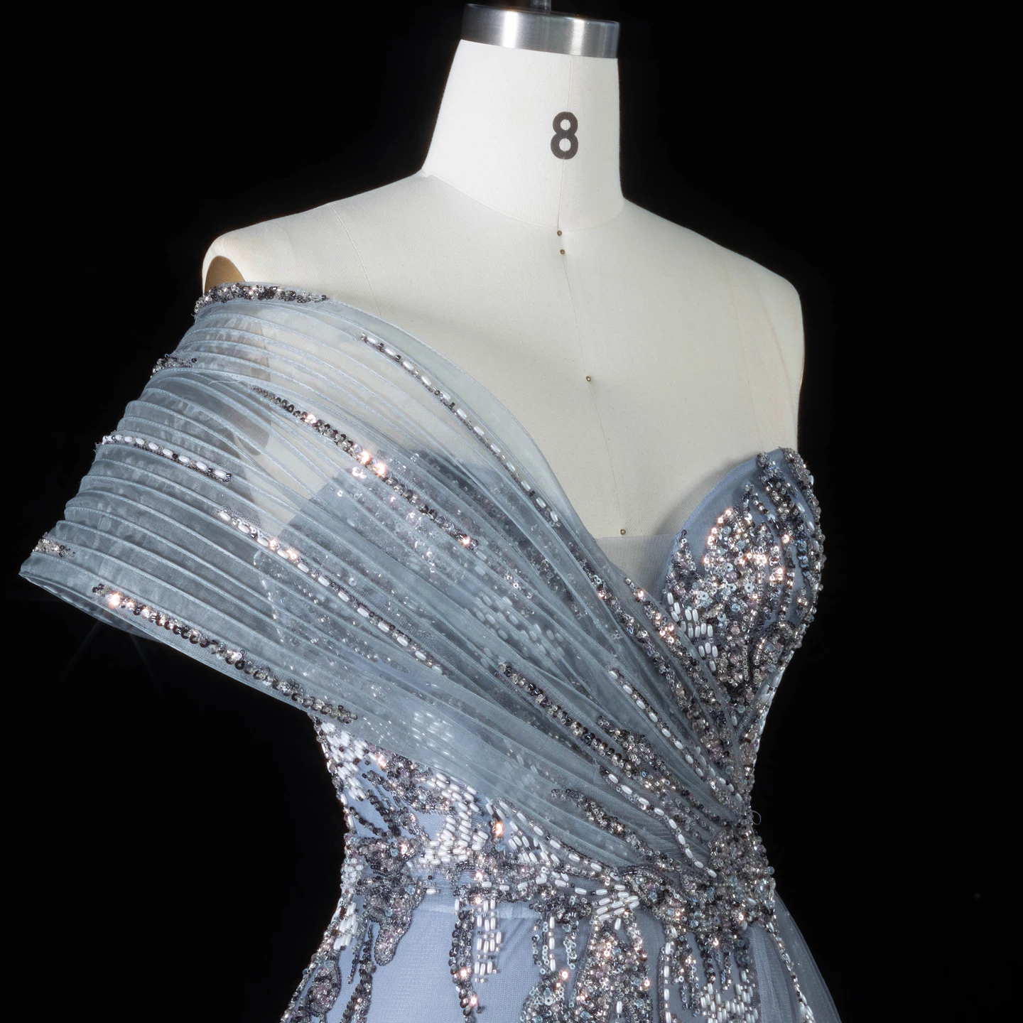 Sharon Said Luxuriöses Champagnerfarbenes One-Shoulder-Abendkleid mit Perlen und Tüllschleppe, Partykleid für Damen SS136, Maßanfertigung – Detail 15