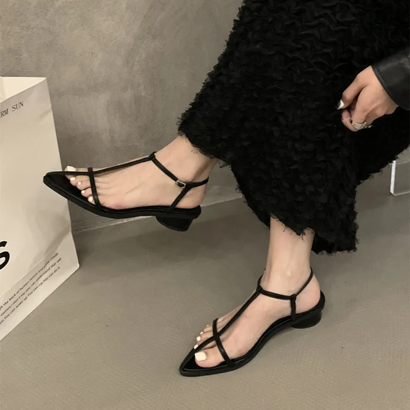 Bailamos Women Fashion Sandals Square Heels Pointed Open Toe Ankle Strap Dress Shoes Summer Ladies Thin Low Heels Sandals Mujer