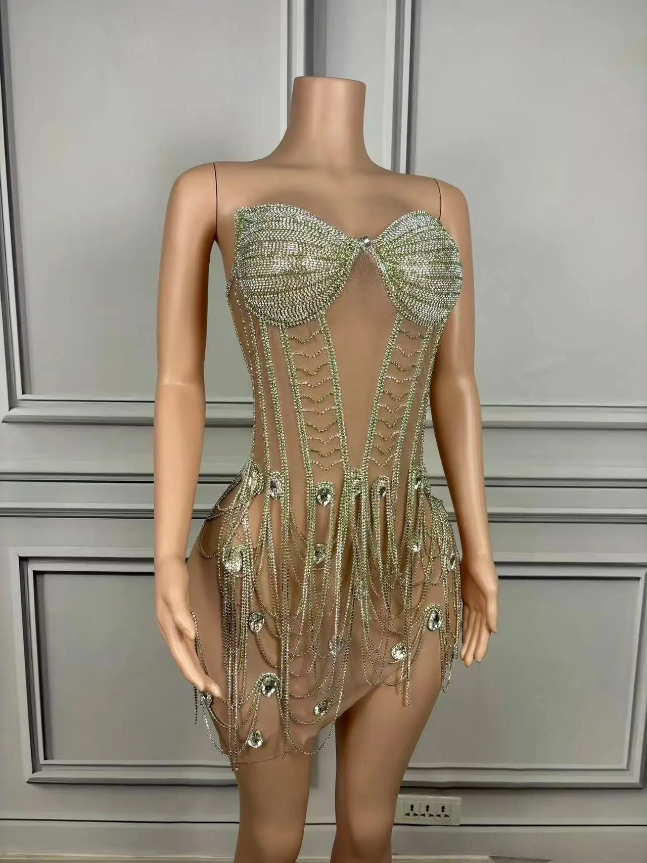 Silver Crystals Fringes Rhinestones Brown Transparent Dress Sexy Birthday Celebrate See Through Singer Costume yinghuochong