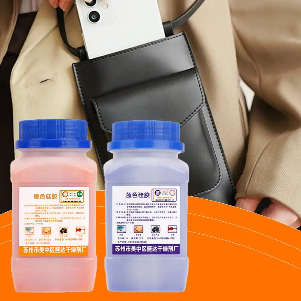 500g azul/transparente/naranja impermeable reutilizable cuentas de Gel de sílice botellas absorbente de humedad producto electrónico deshumidificador desecante
