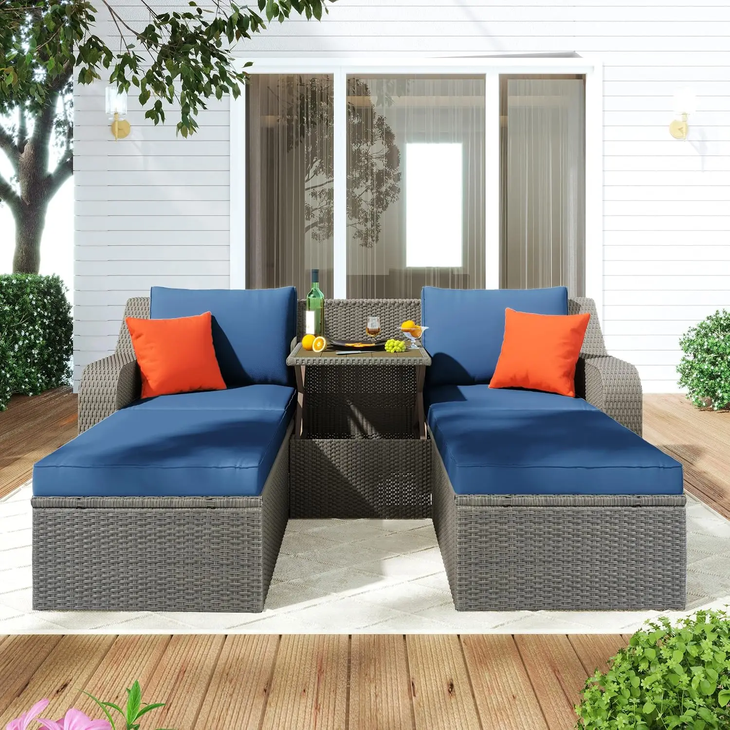 Patio Wicker Sofa Set 3-Piece With Cushions, Pillows, Ottomans & Lift Top Coffee Table, Customized