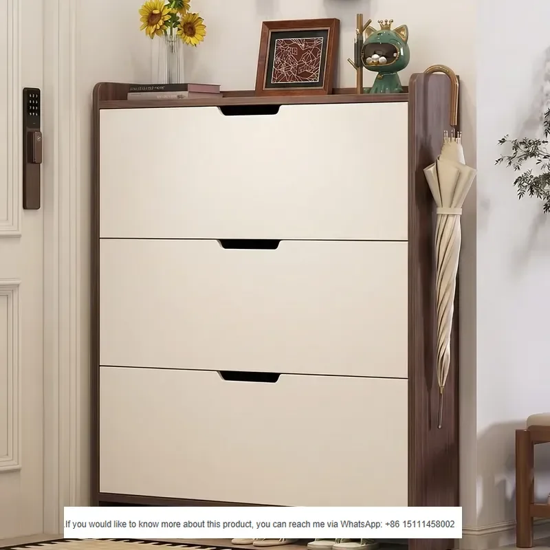 Home Entryway Solid Wood Ultra-thin Flip-door Shoe Cabinet Narrow Hallway 2026 New Model Large-capacity Medieval Style
