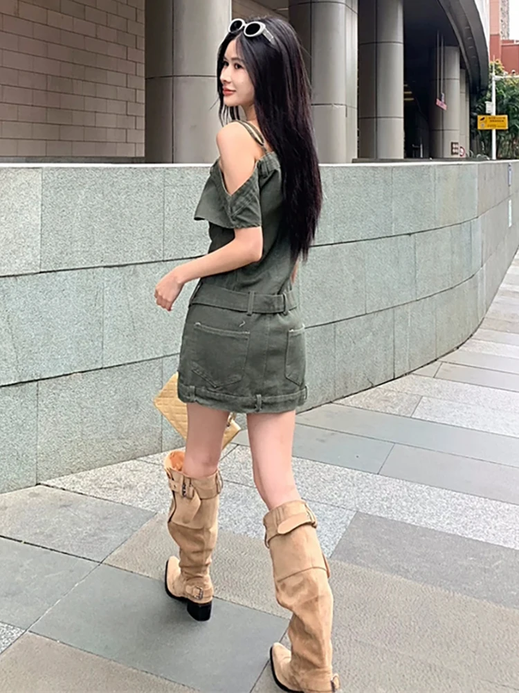 فستان قصير من RORORIRI Grayu مكشوف الأكتاف من قماش الدنيم للنساء بحزام عادي رأسًا على عقب فستان قصير ضيق ملابس خروج عتيقة #6