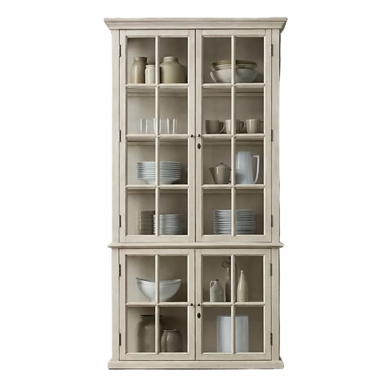 

American country oak French retro, all solid wood double door four door bookcase, dining side cabinet