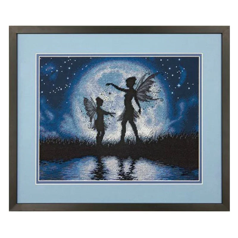 Amishop Popular Top Quality Counted Cross Stitch Kit Fairy Mother And Daughter Silhouette Starry Moon Night Dim 70-35296